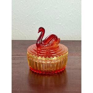Red Glass Swan Covered Dish Amberina Style 1970s Vintage Decor